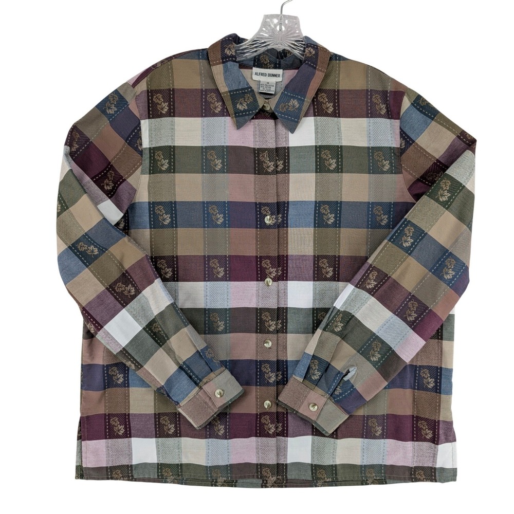 Alfred Dunner Plaid Leaf Jacquard Shirt 18 Multicolor Earthy Button Up Top Fall